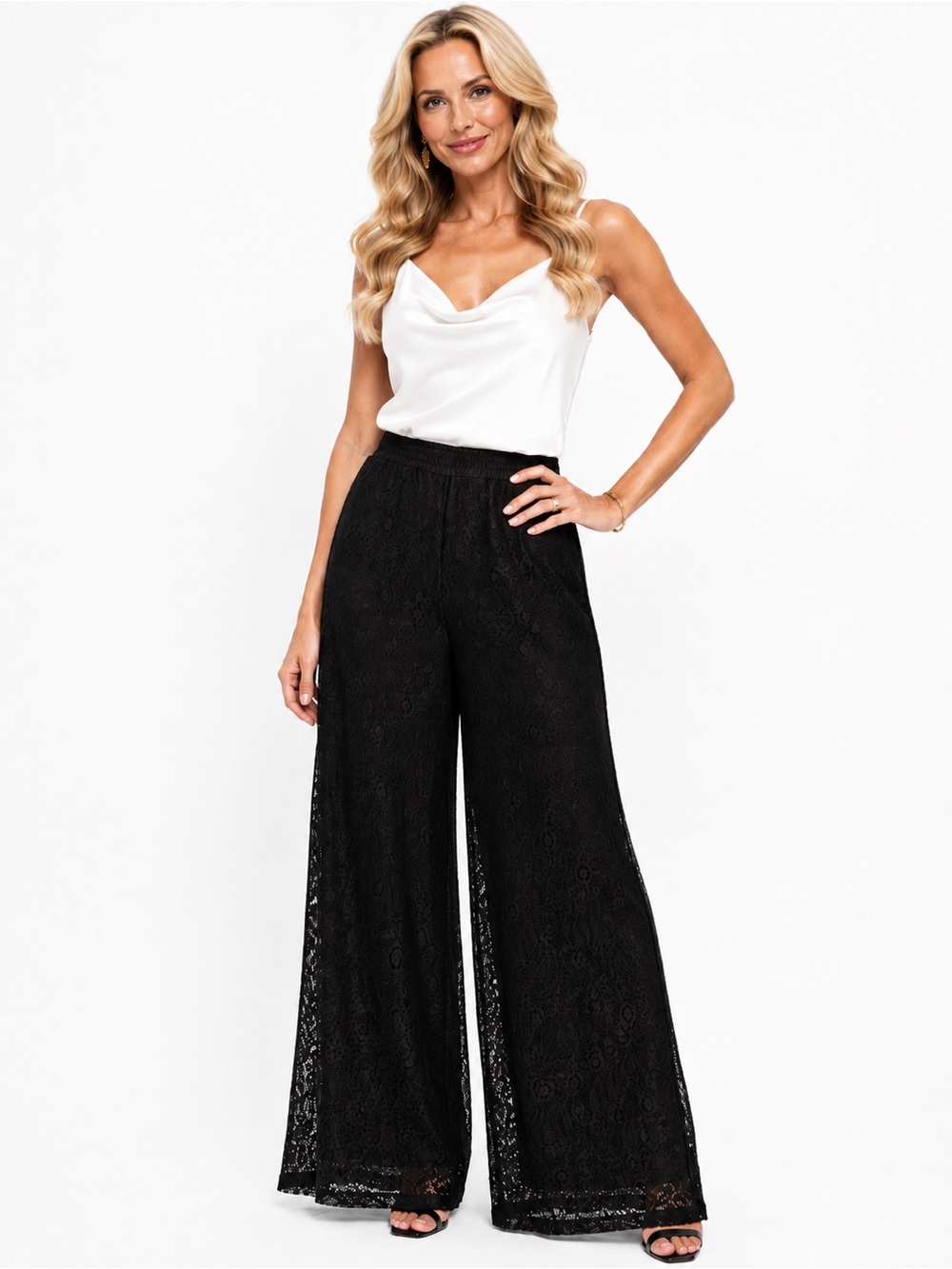 Chico’s Size 0 (S -4 ) Black Lined Lace Overlay Palazzo Wide Leg Pants